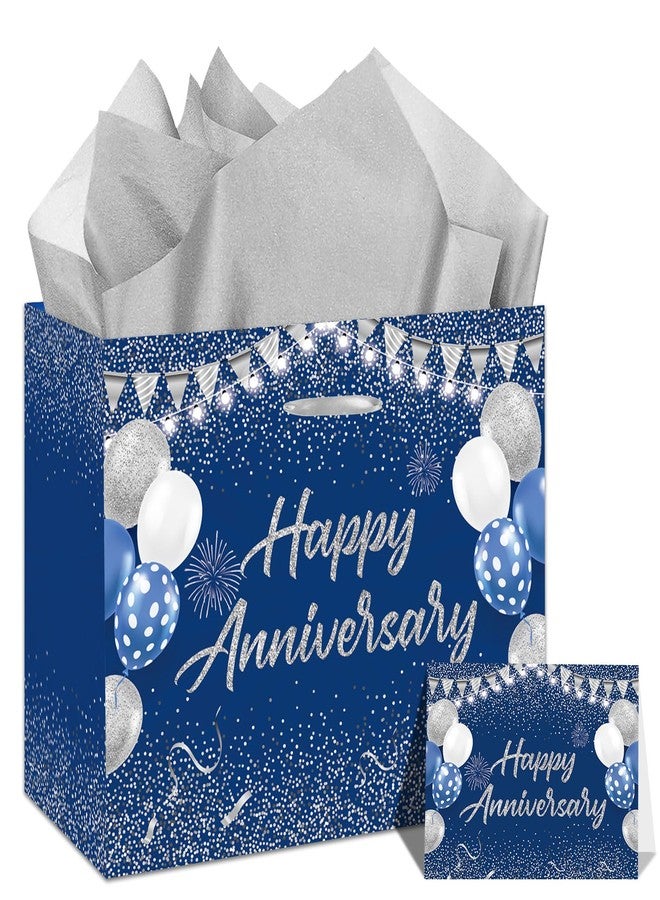 GOLDCROW Blue Silver Party Gift Bag with Tissue Papers and Card, Wedding Paper Gift Wrapping Paper Bag11.8'' for Men Women Anniversary Party, Wedding Party Supplies - Image 1